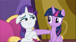 Size: 1671x941 | Tagged: safe, imported from derpibooru, screencap, rarity, twilight sparkle, alicorn, pony, unicorn, dragon dropped, cropped, crossed hooves, cute, duo, female, floppy ears, lidded eyes, looking at each other, mare, raised hoof, raribetes, sitting, smiling, twiabetes, twilight sparkle (alicorn)