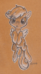 Size: 787x1406 | Tagged: safe, artist:dilarus, deleted from derpibooru, imported from derpibooru, scootaloo, pegasus, pony, cute, cutealoo, female, filly, pencil drawing, toned paper, traditional art