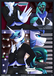 Size: 2066x2918 | Tagged: safe, artist:theneithervoid, imported from derpibooru, queen chrysalis, shining armor, anthro, comic:eager to learn, blushing, clothes, comic, cuckold, cuckolding, highschool, looking up, shhh, socks, spying, sweat, thigh highs, uniform