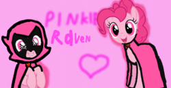 Size: 398x205 | Tagged: safe, artist:pagiepoppie12345, imported from derpibooru, pinkie pie, earth pony, pony, cloak, clothes, cute, diapinkes, flower, happy, heart, pink background, pink eyes, pinkie raven, raven (dc comics), raven (teen titans), simple background, smiling, sparkling eyes, sparkly eyes, teen titans go