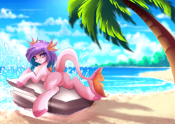 Size: 4214x3000 | Tagged: safe, artist:airiniblock, imported from derpibooru, oc, oc only, oc:sakari, merpony, pony, beach, butt, chest fluff, ear fins, featureless crotch, female, fins, fish tail, looking at you, looking back, looking back at you, palm tree, plot, rcf community, rock, sand, solo, tree, water, wave