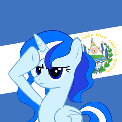 Size: 2450x2450 | Tagged: safe, artist:archooves, imported from derpibooru, oc, oc only, oc:princess el salvador, alicorn, pony, base used, el salvador, nation ponies, ponified, rainbow dash salutes, salute, solo