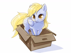 Size: 1600x1200 | Tagged: safe, artist:noupie, imported from derpibooru, derpy hooves, pegasus, pony, behaving like a cat, box, cute, derpabetes, female, looking at you, mare, pony in a box, simple background, solo, white background