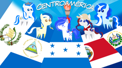 Size: 1920x1080 | Tagged: safe, artist:archooves, edit, imported from derpibooru, oc, oc:anagua, oc:honduras, oc:panchita, oc:princess el salv, oc:princess guatemala, alicorn, earth pony, pony, unicorn, central america, costa rica, el salvador, flag, guatemala, honduras, nation ponies, nicaragua, pointy ponies, ponified