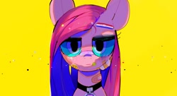 Size: 1100x600 | Tagged: safe, artist:poneko-chan, imported from derpibooru, pinkie pie, pony, bandage, choker, empty eyes, lidded eyes, pinkamena diane pie, simple background, smiley face, smiling, thousand yard stare, yellow background