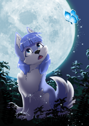 Size: 2480x3508 | Tagged: safe, artist:arctic-fox, imported from derpibooru, oc, oc only, oc:snow pup, butterfly, wolf, cute, furry, moon, open mouth, pale belly, species swap, wolfified