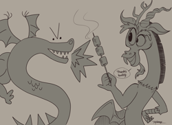 Size: 3300x2400 | Tagged: safe, artist:taytinabelle, derpibooru exclusive, imported from derpibooru, discord, draconequus, dragon, crossover, dialogue, food, homestar runner, marshmallow, monochrome, simple background, smiling, trogdor