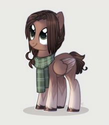 Size: 1372x1564 | Tagged: safe, artist:enigmasdegree, imported from derpibooru, oc, oc only, pegasus, pony, clothes, colored wings, colored wingtips, cute, female, gradient legs, looking up, scarf, short tail, simple background, solo, standing, unshorn fetlocks