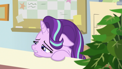 Size: 1920x1080 | Tagged: safe, imported from derpibooru, screencap, phyllis, starlight glimmer, pony, unicorn, a horse shoe-in, bags under eyes, female, floppy ears, looking down, mare, plant, sad, solo, starlight's office