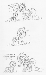 Size: 1889x3101 | Tagged: safe, artist:dilarus, deleted from derpibooru, imported from derpibooru, fluttershy, rainbow dash, pegasus, pony, ..., bad joke, beanbrows, comic, cute, dialogue, eyebrows, female, giggling, joke, mare, monochrome, nanodash, shyabetes, simple background, size difference, smoldash, tallershy, teasing, traditional art, white background