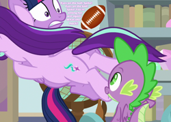 Size: 1008x720 | Tagged: safe, edit, edited screencap, imported from derpibooru, screencap, spike, starlight glimmer, twilight sparkle, alicorn, dragon, a horse shoe-in, american football, butt, cropped, eyes on the prize, female, flank, glimmer glutes, looking at butt, male, plot, shipping, sparlight, sports, straight, text, twilight sparkle (alicorn), winged spike, wings