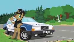 Size: 1280x720 | Tagged: safe, artist:tsabak, imported from derpibooru, oc, oc only, earth pony, pony, bipedal, bipedal leaning, car, coffee mug, leaning, male, mug, police officer, solo, stallion, sweden, tree, volvo