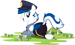 Size: 900x544 | Tagged: safe, artist:tsabak, imported from derpibooru, dj pon-3, minuette, trixie, vinyl scratch, oc, oc:striker blue, pegasus, pony, clothes, dock, female, giant pony, macro, mare, police uniform, simple background, transparent background, two toned wings, uniform, vector, wings