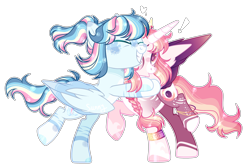 Size: 1024x675 | Tagged: safe, artist:manella-art, imported from derpibooru, oc, oc:astral rainbow, oc:sunny moonlight, alicorn, pegasus, pony, base used, female, half-siblings, hug, magical lesbian spawn, mare, offspring, parent:rainbow dash, parent:rarity, parent:twilight sparkle, parents:raridash, parents:twidash