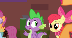 Size: 2259x1208 | Tagged: safe, edit, edited screencap, imported from derpibooru, screencap, apple bloom, applejack, scootaloo, spike, sweetie belle, dragon, earth pony, pegasus, pony, episode needed, female, male, shipping, spikebloom, straight