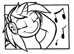 Size: 921x680 | Tagged: safe, artist:shema-the-lioness, artist:shemalioness, imported from derpibooru, dj pon-3, vinyl scratch, pony, unicorn, black and white, color me, eyes closed, female, grayscale, headphones, lineart, mare, missing accessory, monochrome, music notes, smiling, solo