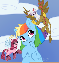 Size: 1218x1321 | Tagged: safe, artist:soulcentinel, imported from derpibooru, gilda, pinkie pie, rainbow dash, earth pony, griffon, pegasus, pony, fanfic:twin fates, alternate hairstyle, alternate universe, angel, boots, cover art, cute, cutie mark, devil, fanfic, fanfic art, fanfic cover, female, mare, shoulder angel, shoulder devil, thinking, wings