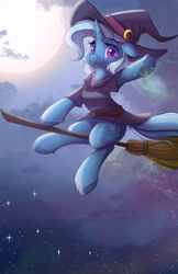 Size: 2200x3400 | Tagged: safe, artist:ardail, imported from derpibooru, trixie, pony, unicorn, broom, clothes, cute, detailed background, diatrixes, female, flying, flying broomstick, full moon, hat, high res, looking at you, magic, mare, moon, night, night sky, open mouth, sky, smiling, solo, stars, tongue out, underhoof, unshorn fetlocks, witch, witch costume, witch hat