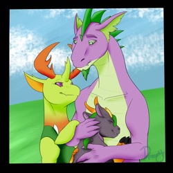 Size: 894x894 | Tagged: safe, artist:ash-bash-honey-smash, imported from derpibooru, spike, thorax, changedling, changeling, hybrid, beard, changeling x dragon, facial hair, family, gay, hug, interspecies, interspecies offspring, king thorax, magical gay spawn, male, offspring, older, older spike, parent:spike, parent:thorax, parents:thoraxspike, shipping, thoraxspike