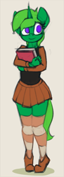 Size: 689x1884 | Tagged: safe, artist:marsminer, imported from derpibooru, oc, oc only, oc:lime dream, anthro, plantigrade anthro, pony, unicorn, book, clothes, commission, cute, female, miniskirt, moe, no pupils, patreon, patreon reward, pleated skirt, simple background, skirt, smiling, socks, solo, striped socks, student, thigh highs, thighs, zettai ryouiki