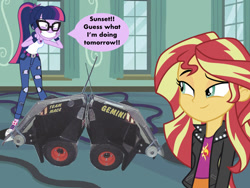 Size: 1024x768 | Tagged: artist needed, safe, artist:epiccartoonsfan, artist:metaldudepl666, edit, imported from derpibooru, sci-twi, sunset shimmer, twilight sparkle, robot, equestria girls, excited, gemini (robot wars), glasses, mixed media, ripped pants, robot wars, shoes, sneakers