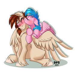 Size: 4008x4003 | Tagged: safe, artist:dragonfoxgirl, imported from derpibooru, firefly, oc, oc:west wind, pony, blushing, canon x oc, cheek kiss, kiss on the cheek, kissing