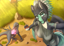 Size: 2800x2000 | Tagged: safe, artist:mintjuice, imported from derpibooru, oc, oc:alpine apotheon, anthro, pegasus, anthro oc, armpits, bag, bush, clothes, female, forest, looking at you, mare, pegasus oc, poké ball, pokéball, pokémon, salazzle, sunlight, wings, ych result