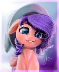 Size: 2400x2900 | Tagged: safe, artist:thatdreamerarts, imported from derpibooru, oc, oc only, pegasus, pony, female, floppy ears, hat, looking at you, mare, smiling, solo