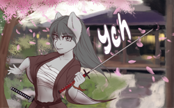 Size: 1536x960 | Tagged: safe, artist:mintjuice, imported from derpibooru, anthro, action pose, advertisement, bandage, cherry blossoms, clothes, commission, female, flower, flower blossom, house, japan, katana, kimono (clothing), looking at you, mare, samurai, sarashi, solo, sword, tree, weapon, your character here