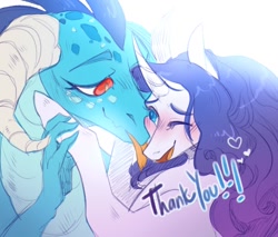 Size: 1280x1088 | Tagged: safe, artist:yuyusunshine, imported from derpibooru, princess ember, rarity, dragon, pony, unicorn, curved horn, dragoness, emberity, female, horn, hug, lesbian, licking, one eye closed, shipping, simple background, tongue out, white background