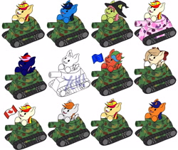 Size: 4286x3622 | Tagged: safe, artist:noxi1_48, imported from derpibooru, oc, oc:summer lights, pony, army, commission, cute, earth pony oc, flag, happy, lot of ponies, pegasus oc, tank (vehicle), unicorn oc, your character here