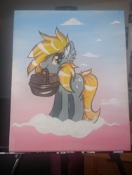 Size: 3120x4160 | Tagged: safe, artist:annuthecatgirl, imported from derpibooru, derpy hooves, ditzy doo, pony, cloud, female, food, muffin, painting, solo, traditional art