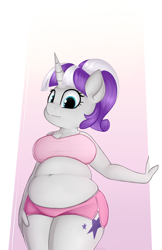 Size: 2160x3324 | Tagged: safe, artist:andelai, imported from derpibooru, twilight velvet, anthro, unicorn, belly button, bipedal, bra, breasts, busty twilight velvet, chubby, chubby velvet, clothes, female, gilf, gradient background, mare, milf, plump, ponytail, shorts, solo, underwear, wide hips