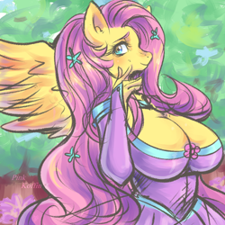 Size: 1000x1000 | Tagged: safe, artist:pinkkoffin, imported from derpibooru, fluttershy, anthro, pegasus, adorasexy, beautiful, beautisexy, big breasts, blushing, breasts, busty fluttershy, cleavage, clothes, cute, digital art, dress, evening gloves, female, fingerless gloves, gloves, huge breasts, long gloves, looking at you, mare, sexy, smiling, solo, spread wings, wings