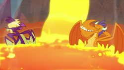 Size: 1280x720 | Tagged: safe, imported from derpibooru, screencap, billy (dragon), fume, spear (dragon), dragon, sweet and smoky, arm behind head, billy, duo, eyes closed, lava, lava pool, male, relaxing, spear (g4), teenaged dragon