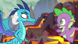 Size: 1280x720 | Tagged: safe, imported from derpibooru, screencap, princess ember, spike, dragon, sweet and smoky, dragon lands, dragoness, duo, female, lava, male