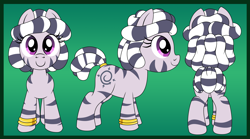 Size: 4500x2500 | Tagged: safe, artist:pananovich, imported from derpibooru, oc, oc only, oc:zala, pony, zebra, bracelet, c:, female, filly, front view, jewelry, looking at you, rear view, side view, smiling, solo, zebra oc