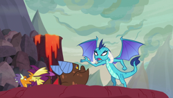 Size: 1920x1080 | Tagged: safe, imported from derpibooru, screencap, billy (dragon), clump, fume, princess ember, spear (dragon), dragon, sweet and smoky, angry, billy, dragon lands, dragoness, female, male, spear (g4), spread wings, teenaged dragon, wings