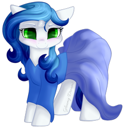 Size: 884x904 | Tagged: safe, artist:gleamydreams, imported from derpibooru, oc, oc only, oc:gleamy, pony, unicorn, blue hair, blushing, clothes, dress, female, green eyes, looking at you, mare, smiling, solo