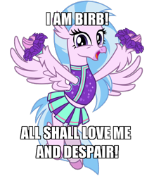 Size: 600x686 | Tagged: safe, artist:cheezedoodle96, edit, imported from derpibooru, silverstream, classical hippogriff, hippogriff, 2 4 6 greaaat, arms spread out, birb, caption, cheering, cheerleader, cheerleader outfit, cheerleader silverstream, clothes, cute, diastreamies, female, flying, galadriel, happy, horsebird, image macro, looking at you, lord of the rings, moe, open mouth, pleated skirt, pom pom, shirt, simple background, skirt, solo, spread wings, text, transparent background, vector, wings