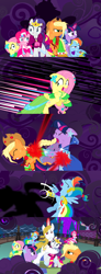 Size: 1920x5200 | Tagged: safe, alternate version, artist:christhes, imported from derpibooru, applejack, fluttershy, pinkie pie, prince blueblood, rainbow dash, rarity, twilight sparkle, pony, comic:friendship is dragons, alicorn amulet, alternate eye color, angry, blast, bucking, clothes, collaboration, comic, confused, derp, dress, evil grin, eyes closed, female, fight, fog, freckles, frown, gala dress, glare, glass slipper (footwear), glowing horn, grin, hat, high heels, horn, injured, jewelry, laurel wreath, lip bite, looking back, magic, magic beam, magic blast, male, mane six, mare, messy mane, onomatopoeia, possessed, scared, shadow, shoes, show accurate, sitting, smiling, stallion, tiara, wide eyes, worried