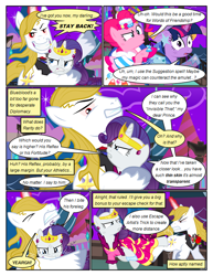 Size: 612x792 | Tagged: safe, artist:christhes, imported from derpibooru, pinkie pie, prince blueblood, rarity, twilight sparkle, earth pony, pony, unicorn, comic:friendship is dragons, alicorn amulet, alternate eye color, angry, biting, bucking, clothes, collaboration, comic, dialogue, dress, evil grin, female, flower, frown, gala dress, glare, glass slipper (footwear), glowing horn, grin, high heels, horn, injured, jewelry, looking back, male, mare, night, possessed, rose, shoes, show accurate, smiling, stallion, stars, tiara, unicorn twilight, unshorn fetlocks, worried