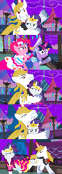 Size: 1920x5400 | Tagged: safe, alternate version, artist:christhes, imported from derpibooru, pinkie pie, prince blueblood, rarity, twilight sparkle, earth pony, pony, unicorn, comic:friendship is dragons, alicorn amulet, alternate eye color, angry, biting, bucking, clothes, collaboration, comic, dress, evil grin, female, flower, frown, gala dress, glare, glass slipper (footwear), glowing horn, grin, high heels, horn, injured, jewelry, looking back, male, mare, night, possessed, rose, shoes, show accurate, smiling, stallion, stars, tiara, unicorn twilight, unshorn fetlocks, worried