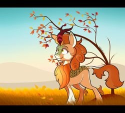 Size: 3977x3597 | Tagged: safe, artist:tehshockwave, imported from derpibooru, autumn blaze, kirin, autumn, female, leaves, looking up, quadrupedal, smiling, solo, tree