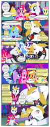 Size: 612x1553 | Tagged: safe, artist:christhes, imported from derpibooru, applejack, fluttershy, pinkie pie, prince blueblood, rainbow dash, rarity, twilight sparkle, earth pony, pegasus, pony, unicorn, comic:friendship is dragons, alicorn amulet, angry, cheering, clothes, collaboration, comic, covering ears, dialogue, dress, eyes closed, female, flower, gala dress, glare, glass slipper (footwear), glowing horn, grin, high heels, hoof shoes, horn, injured, jewelry, lightning, looking back, male, mane six, mare, music notes, night, onomatopoeia, pom pom, possessed, raised hoof, rose, shoes, show accurate, smiling, stallion, stars, tiara, unicorn twilight, unshorn fetlocks