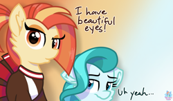 Size: 1811x1065 | Tagged: safe, artist:rainbow eevee, imported from derpibooru, lighthoof, shimmy shake, earth pony, pony, cheerleader, cheerleader outfit, clothes, cute, dialogue, duckface, eye, eyes, eyeshadow, female, gradient background, lighthoof is not amused, looking at you, makeup, rio (movie), simple background, text