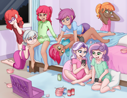 Size: 3300x2550 | Tagged: safe, artist:fearingfun, imported from derpibooru, apple bloom, babs seed, diamond tiara, scootaloo, silver spoon, sweetie belle, tag-a-long, twist, human, adorababs, adorabloom, barefoot, bed, clothes, cute, cutealoo, dark skin, diamondbetes, diasweetes, feet, female, humanized, imminent sex, implied lolicon, midriff, pajamas, silverbetes, slumber party, twistabetes