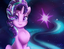 Size: 2629x2000 | Tagged: safe, artist:light262, edit, imported from derpibooru, starlight glimmer, crystal pony, pony, unicorn, chest fluff, crystallized, cute, cutie mark background, female, glimmerbetes, looking at you, mare, sitting, solo, stars