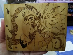 Size: 1032x774 | Tagged: safe, artist:dawn-designs-art, artist:sapphire-burns-art, imported from derpibooru, daybreaker, alicorn, pony, female, photo, pyrography, solo, traditional art