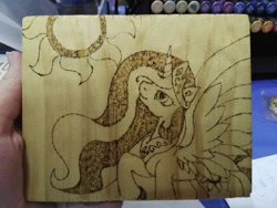 Size: 1032x774 | Tagged: safe, artist:dawn-designs-art, artist:sapphire-burns-art, imported from derpibooru, princess celestia, alicorn, pony, female, photo, pyrography, solo, traditional art